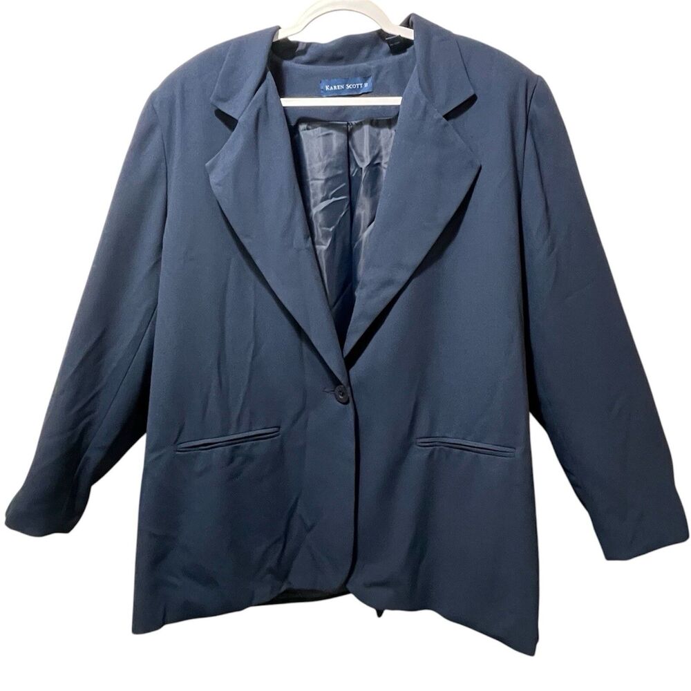 Karen Scott II Womens Navy Blue Blazer Jacket Plus Size 24W Shoulder Pads Lined